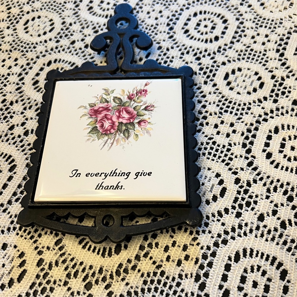 Vintage Cast Iron Trivet Ceramic Tile Insert | Pink Roses | Cottage Grandma